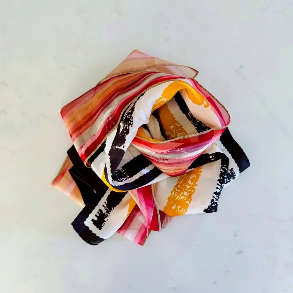 BUNDLE (2) Retro Print Scarves: Sheer Pink Stripe & Art Stripe (Mustard & Black)